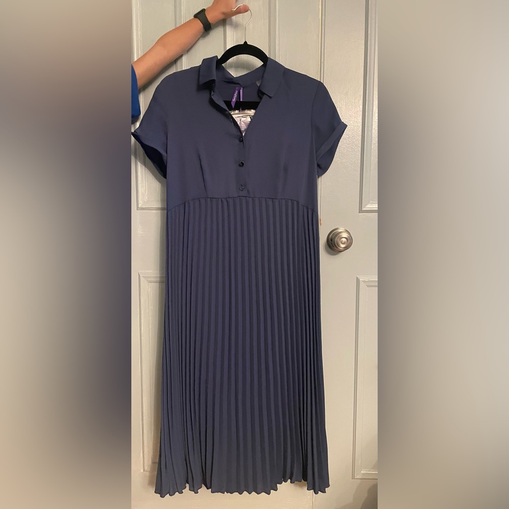 Seraphine Navy Pleated Midi Shirt Dress